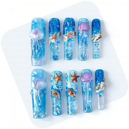 Ocean Whisper - Ocean Blue Long Coffin Press-Ons with Jellyfish & Starfish Charms