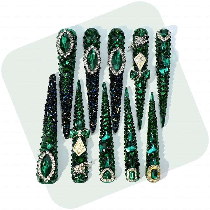 Emerald Bling-Deep Green Extra Long Stiletto Press-Ons with Full Rhinestone Encrusted Design