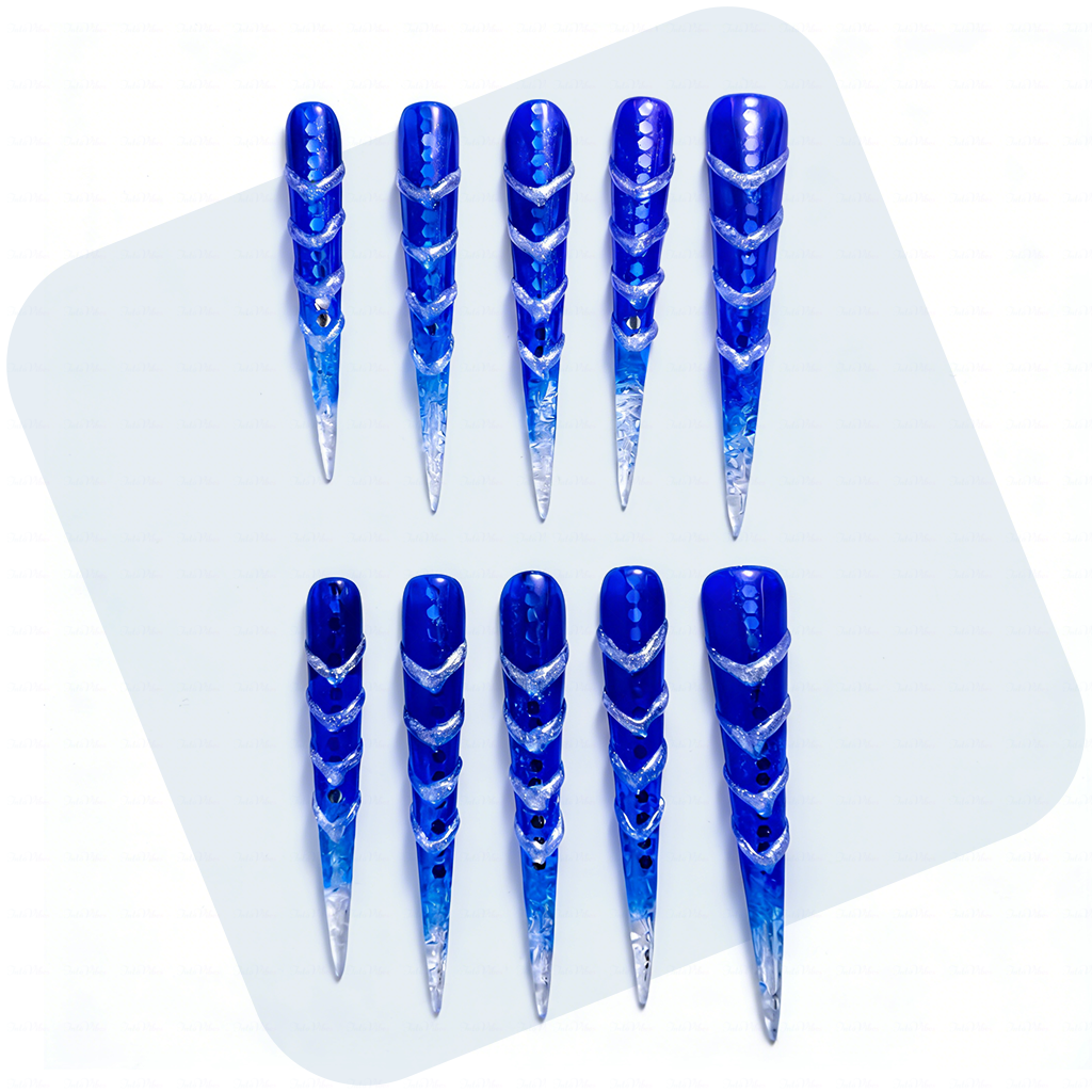 Ice Vortex – Cobalt Blue Stiletto Press-Ons with Silver Swirls