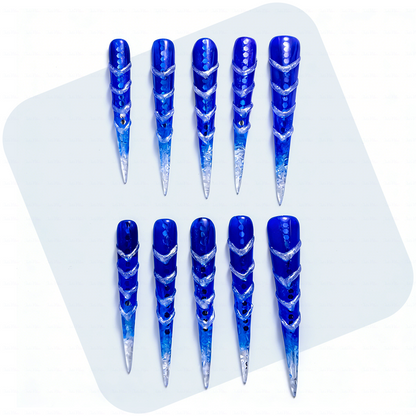 Ice Vortex – Cobalt Blue Stiletto Press-Ons with Silver Swirls