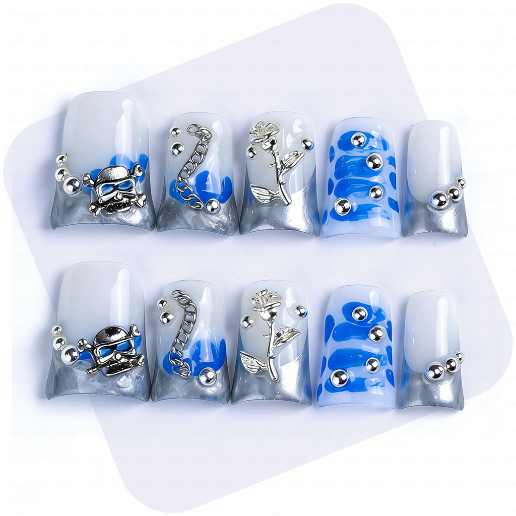 Chrome Vortex – Blue & Silver Short Duck Press-Ons with 3D Chain & Metal Accents
