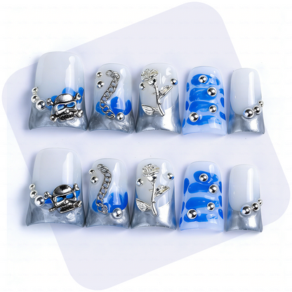 Chrome Vortex – Blue & Silver Short Duck Press-Ons with 3D Chain & Metal Accents