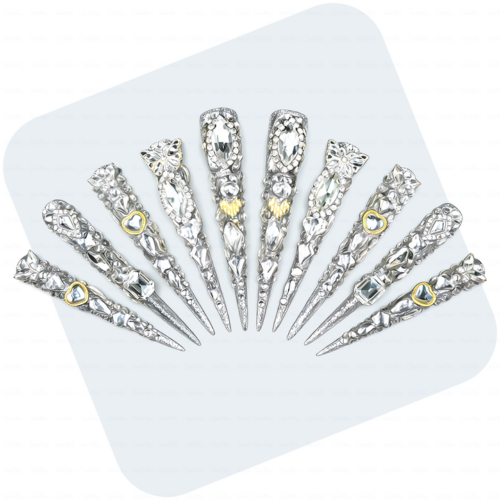 Diamond Spike – Silver Glitter Stiletto Press-Ons with Full Rhinestone Coverage