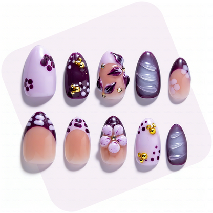 Lilac Wild – Lavender Purple Short Almond Press-Ons with Leopard Print & 3D Floral Accents