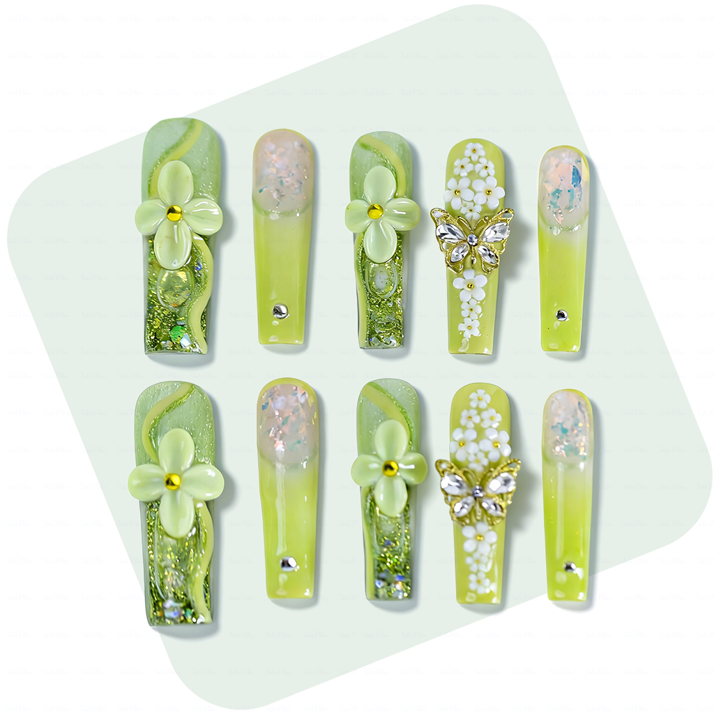 Lime Bloom-Light Green Long Square Water Press-Ons with 3D Floral & Gold Butterfly Charms