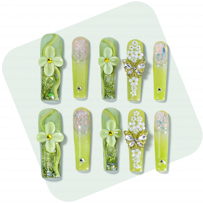 Lime Bloom-Light Green Long Square Water Press-Ons with 3D Floral & Gold Butterfly Charms