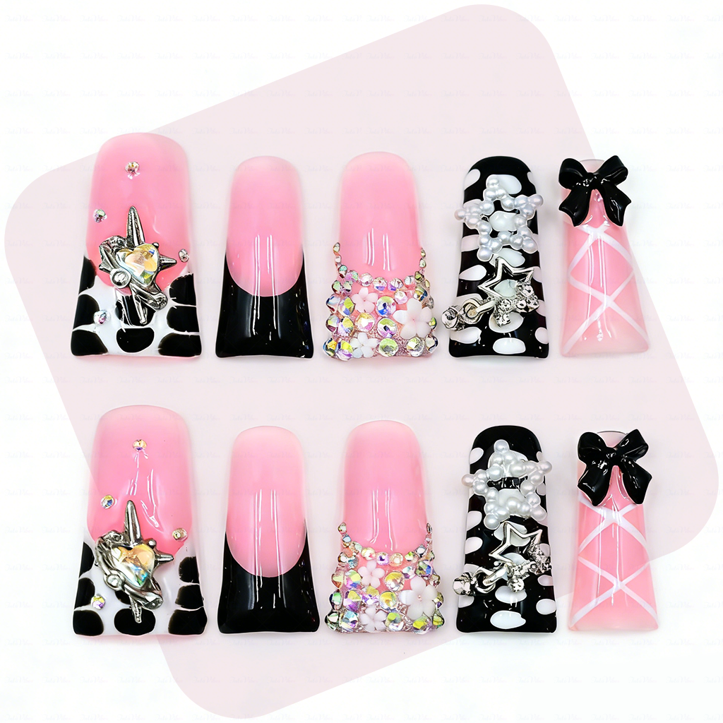 Sugar Bite – Sweet Pink Long Duck Press-Ons  with Pearl Bow & Rhinestone Charm
