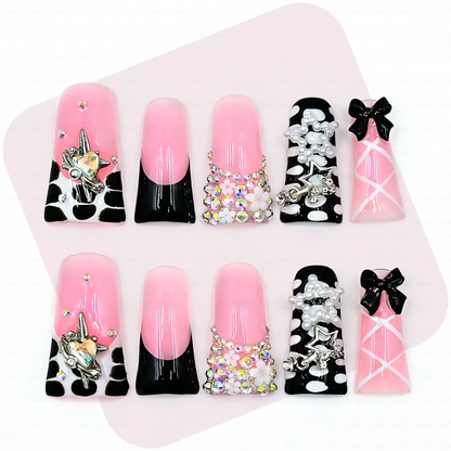 Sugar Bite – Sweet Pink Long Duck Press-Ons  with Pearl Bow & Rhinestone Charm