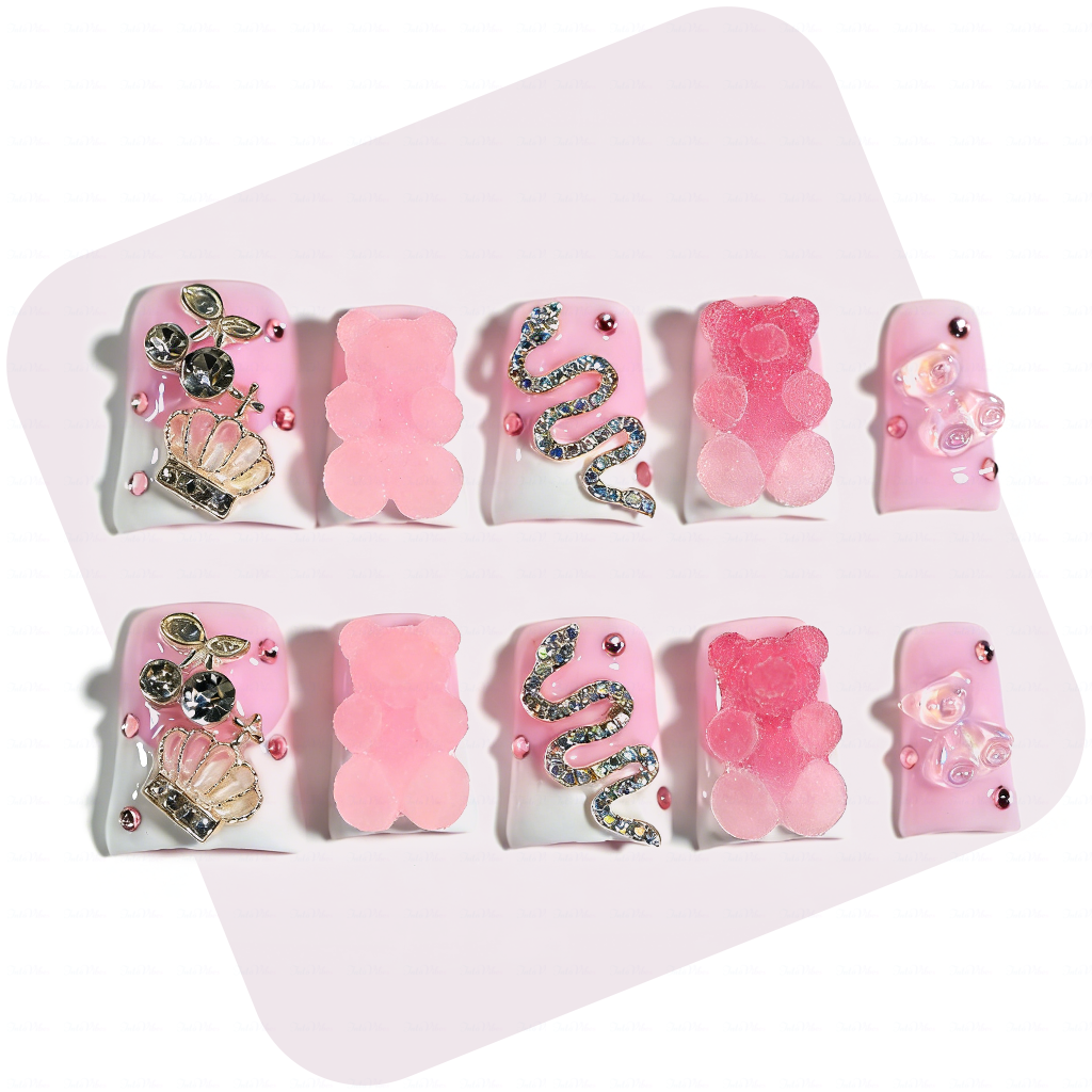 Gummy Princess – Soft Pink & White Short Duck Press-Ons with 3D Gummy Bear & Rhinestone Snake