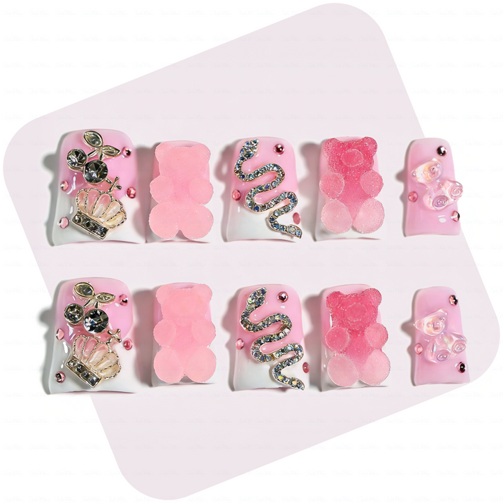 Gummy Princess – Soft Pink & White Short Duck Press-Ons with 3D Gummy Bear & Rhinestone Snake