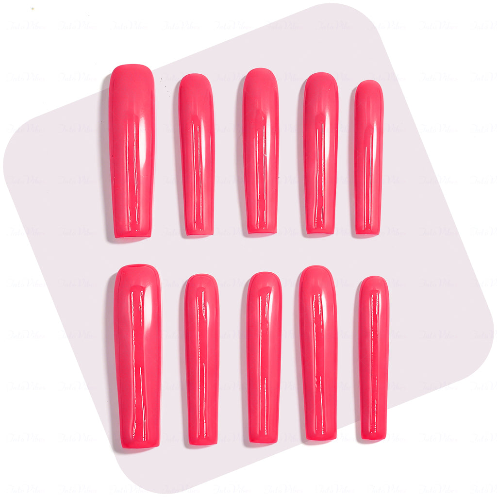 Neon Hot Pink  Bright Pink Long Square Press-Ons with High Gloss Solid Finish