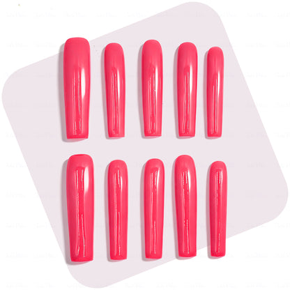 Neon Hot Pink  Bright Pink Long Square Press-Ons with High Gloss Solid Finish