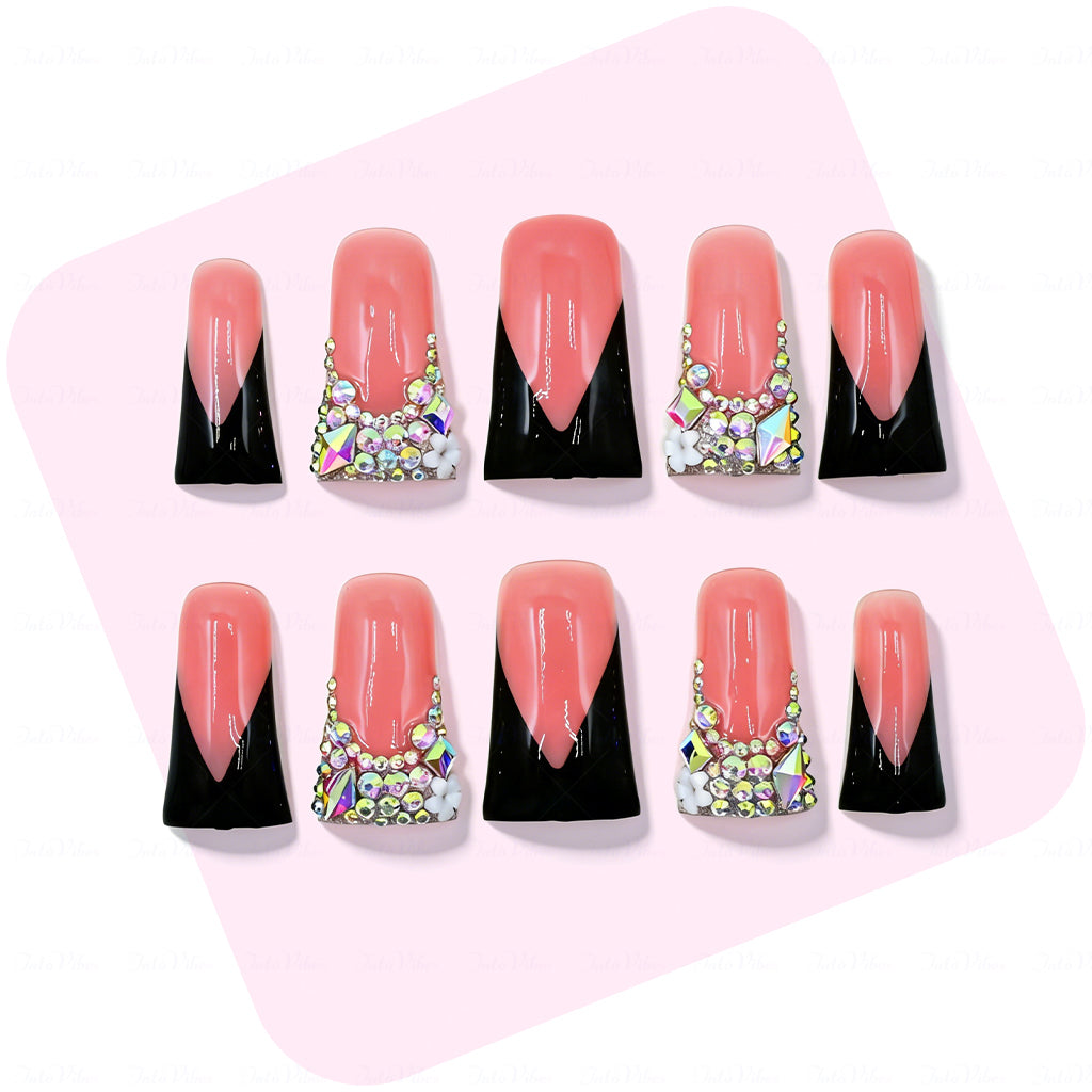 Black V French – Nude & Black Long Duck Press-Ons with Iridescent Rhinestone Accents