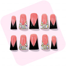 Black V French – Nude & Black Long Duck Press-Ons with Iridescent Rhinestone Accents