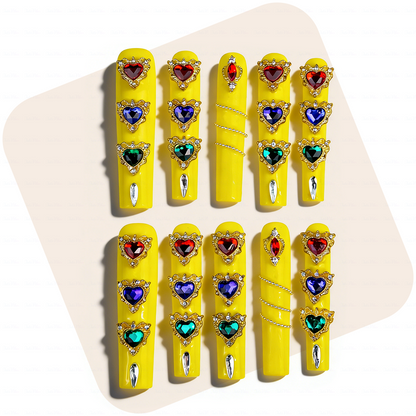 Sunset Heart – Neon Yellow Long Square Press-Ons with Rainbow Crystal Hearts