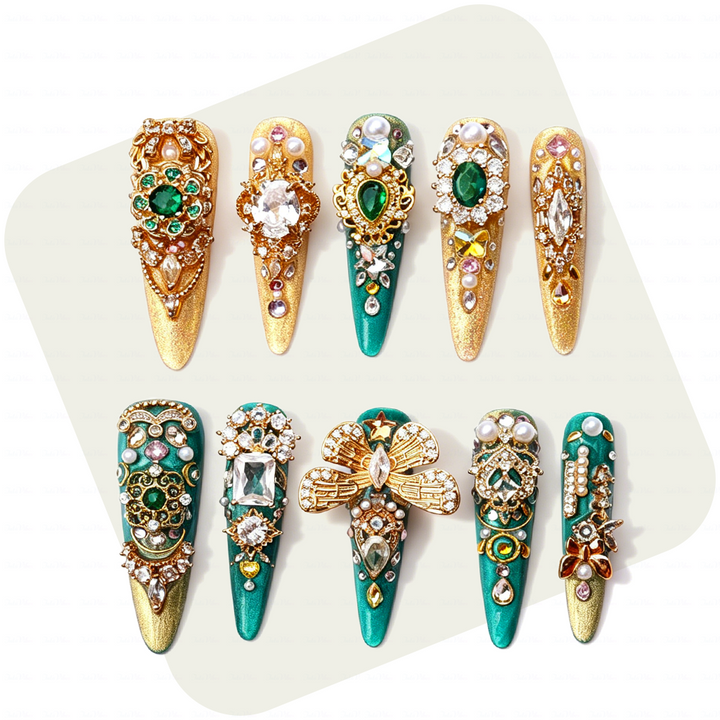 Made-to-Order | Emerald Royal Baroque – Green & Gold Long Stiletto Press-Ons with Vintage Gem Charms