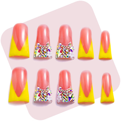 Sunny Yellow V French – Nude & Bright Yellow Long Duck Press-Ons with Iridescent Rhinestone Accents