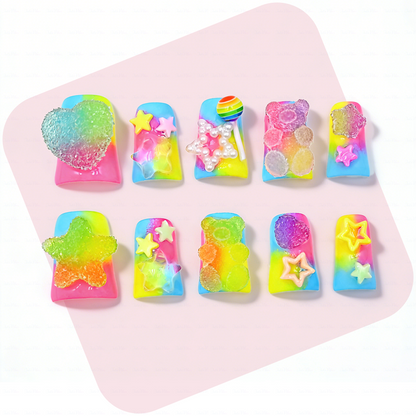 Candy Pop – Neon Rainbow Short Duck Press-Ons with 3D Gummy Bear & Lollipop Charms