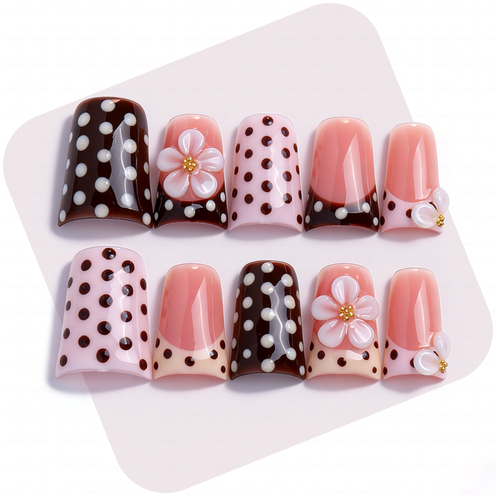 Polka Dot Bloom-Pink & Brown Short Duck Press-Ons with 3D Floral & French Tip Accents