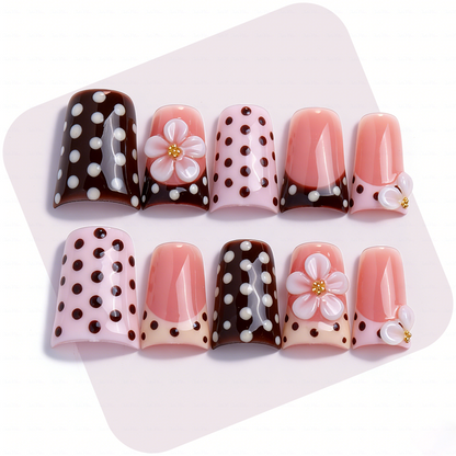Polka Dot Bloom-Pink & Brown Short Duck Press-Ons with 3D Floral & French Tip Accents