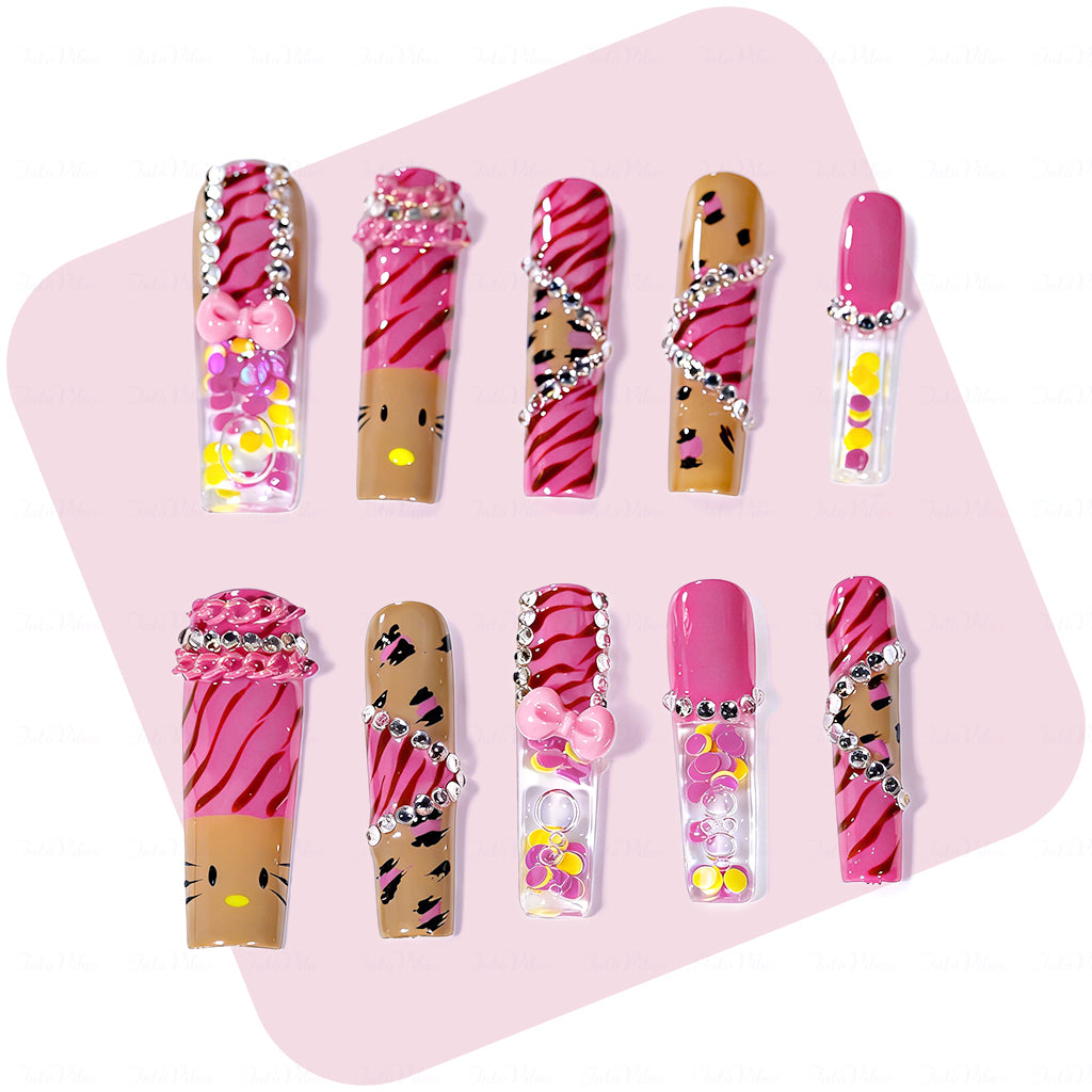 Kitty Leopard  Hot Pink & Brown Long Square Water Press-Ons with Tiger Print & 3D Bow Charms
