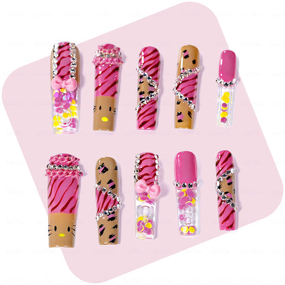 Kitty Leopard  Hot Pink & Brown Long Square Water Press-Ons with Tiger Print & 3D Bow Charms