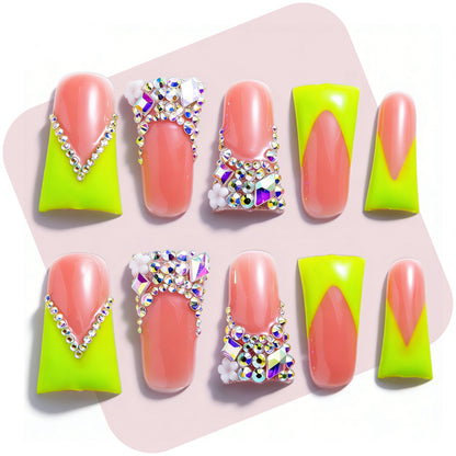 Neon Green V French – Nude & Neon Green Long Duck Press-Ons with Iridescent Rhinestone Accents