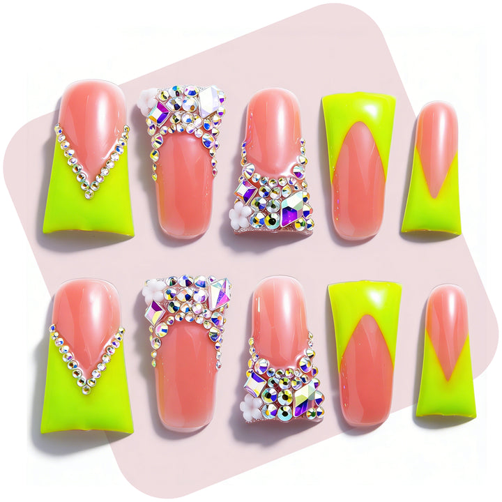 Neon Green V French – Nude & Neon Green Long Duck Press-Ons with Iridescent Rhinestone Accents