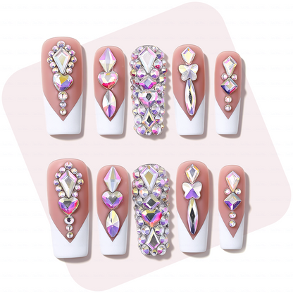 Rainbow V French-Nude & White Medium Square Press-Ons with V-Tip & Iridescent Rhinestone Accents