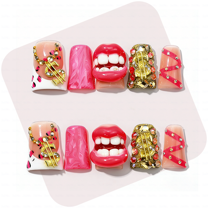 Baddie Lip – Hot Pink Short Duck Press-Ons with 3D Lip & Dollar Sign Charms
