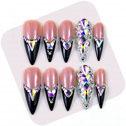 Baddie French – Nude & Black Long Stiletto Press-Ons with French Tips & Iridescent Rhinestone Accents