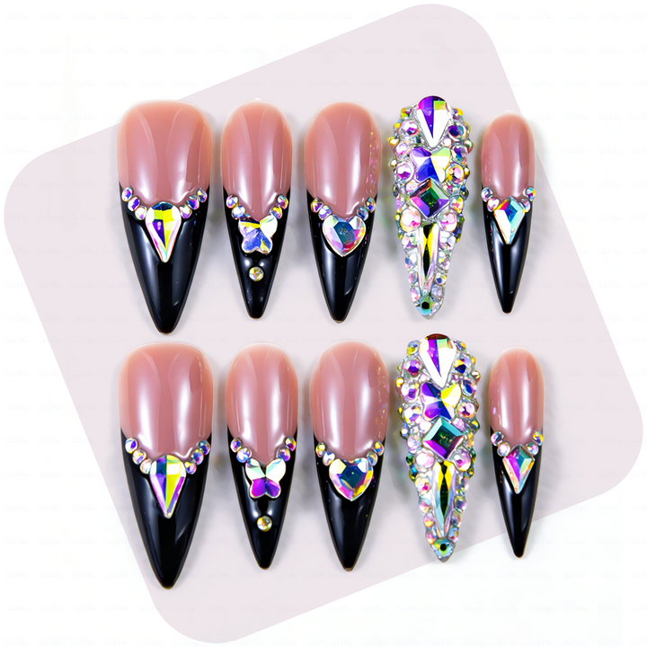 Baddie French – Nude & Black Long Stiletto Press-Ons with French Tips & Iridescent Rhinestone Accents