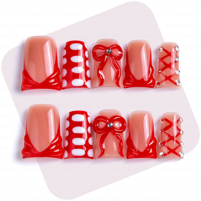 Crimson Bow – Nude & Red Short Duck Press-Ons with 3D Bow & Lace Accents
