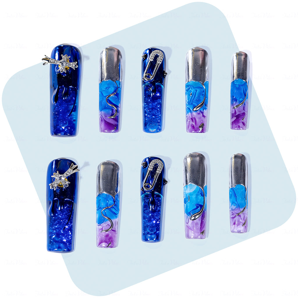 Cyber Blue Blue & Purple Long Square Water Press-Ons with Pin & Cross Charms