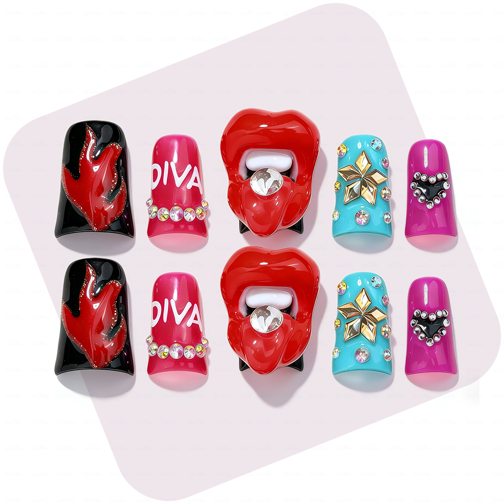 Diva Pout – Bold Multi-Color Short Duck Press-Ons with 3D Lip & Rhinestone Charms
