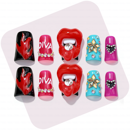 Diva Pout – Bold Multi-Color Short Duck Press-Ons with 3D Lip & Rhinestone Charms