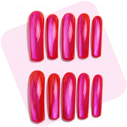 Neon Magenta Glow-Red & Pink Long Downward Curved Press-Ons with Mirror Gloss Finish