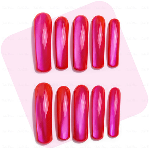 Neon Magenta Glow-Red & Pink Long Downward Curved Press-Ons with Mirror Gloss Finish
