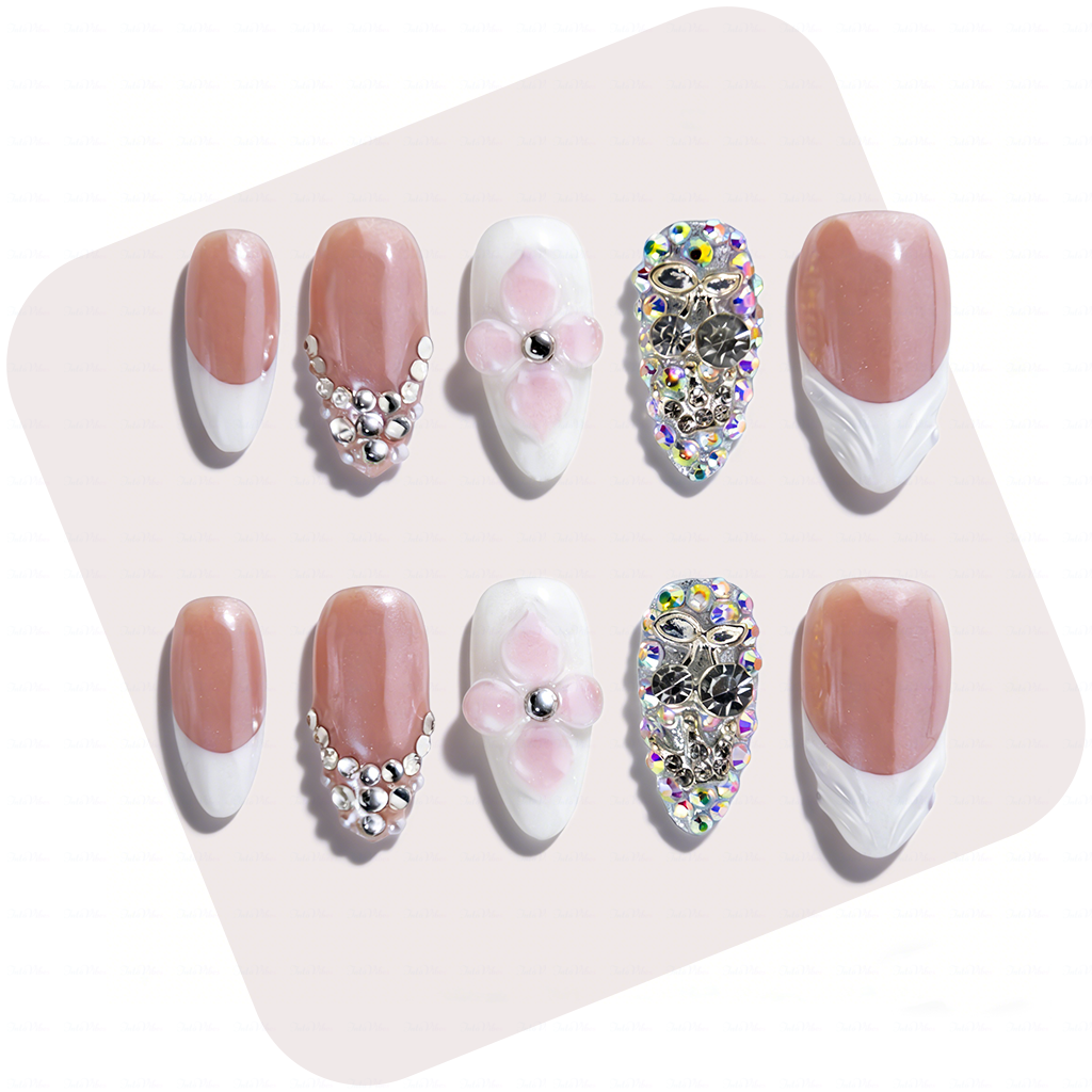Bridal Blush – Nude Pink Short Almond Press-Ons with French Tips & Full Rhinestone Accents