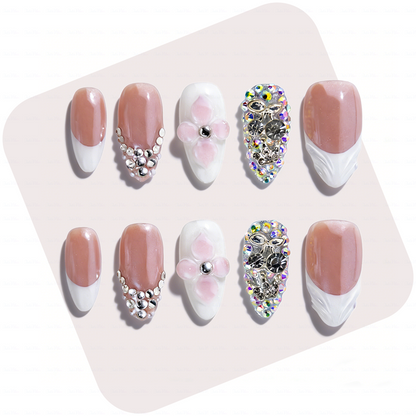 Bridal Blush – Nude Pink Short Almond Press-Ons with French Tips & Full Rhinestone Accents