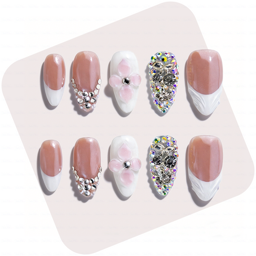 Bridal Blush – Nude Pink Short Almond Press-Ons with French Tips & Full Rhinestone Accents