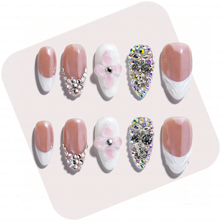 Bridal Blush – Nude Pink Short Almond Press-Ons with French Tips & Full Rhinestone Accents