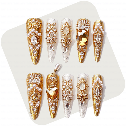 Made-to-Order | Champagne Regal Pearl – Gold & Ivory Glitter Long Stiletto Press-Ons with Pearl Gem Charms