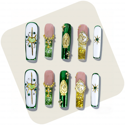 Sacred Green-Emerald & White Long Square Water Press-Ons with Gold Virgin Mary & Cross Charms
