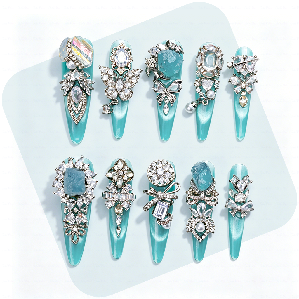 Made-to-Order | Aqua Crystal Princess – Turquoise Glossy Long Stiletto Press-Ons with Silver Rhinestone