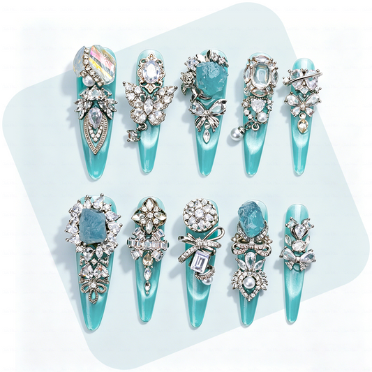 Made-to-Order | Aqua Crystal Princess – Turquoise Glossy Long Stiletto Press-Ons with Silver Rhinestone