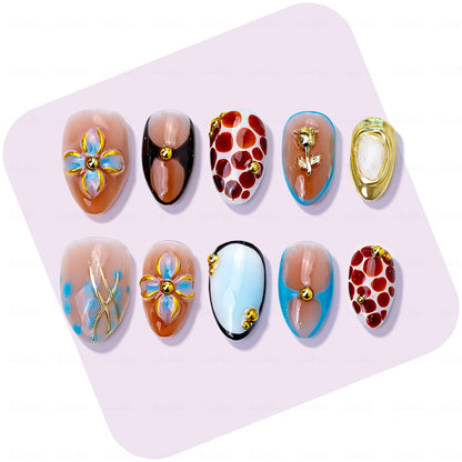 Caramel Retro Boho – Brown & Blue Medium Almond Press-Ons with 3D Flower & Gold Charms