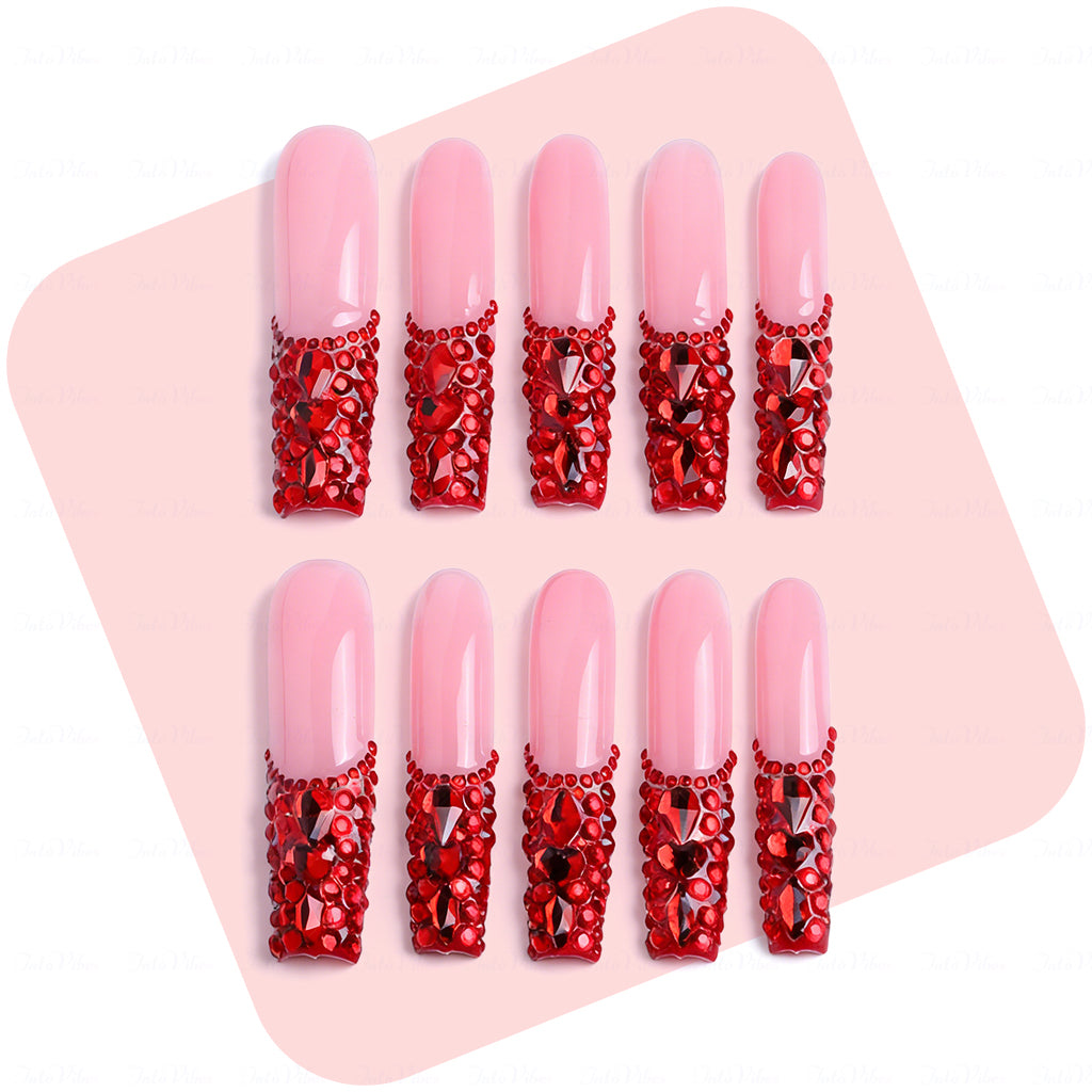 Ruby Red Bling – Nude & Red Long Square Press-Ons with Full Red Rhinestone Accents