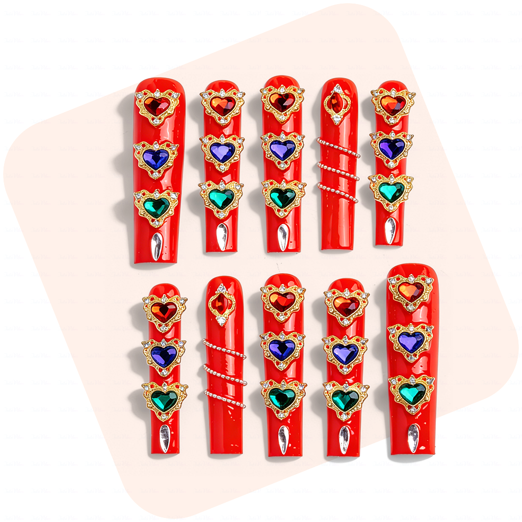 Royal Heart – Bright Red Long Square Press-Ons with Multi-Color Heart Gem & Gold Accents