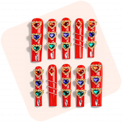 Royal Heart – Bright Red Long Square Press-Ons with Multi-Color Heart Gem & Gold Accents